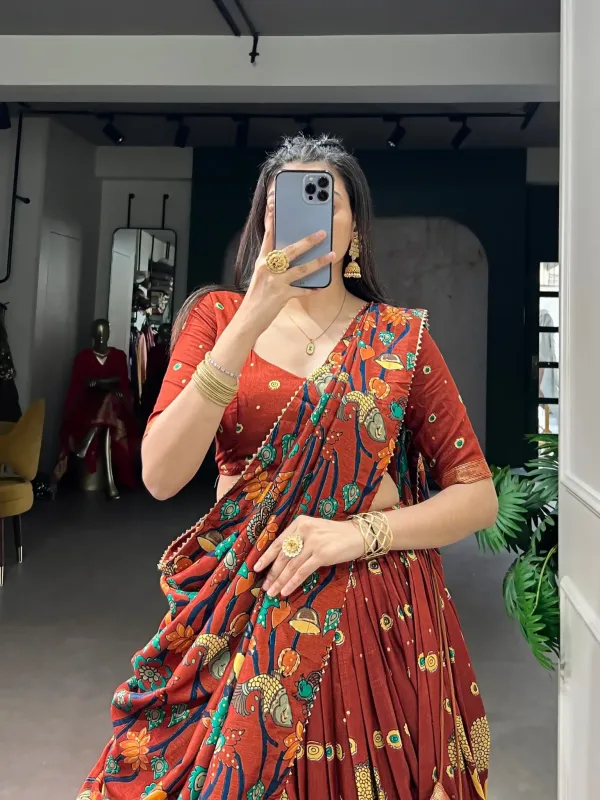 Infuse_Your_Wardrobe_With_Southern_Grace_Tussar_Silk_Kalamkari_Print_Lehenga_Choli_Featuring_A_Sophisticated_Foil_Work_Border