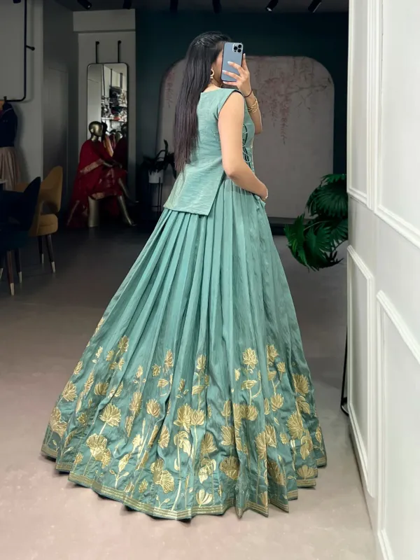 Sage_Green_Silk_Kurti_Skirt_Set_With_Gold_Zari_Floral_Embroidered_Short_Top_Flared_Lehenga_Skirt_Veronica_Fashion_Hub