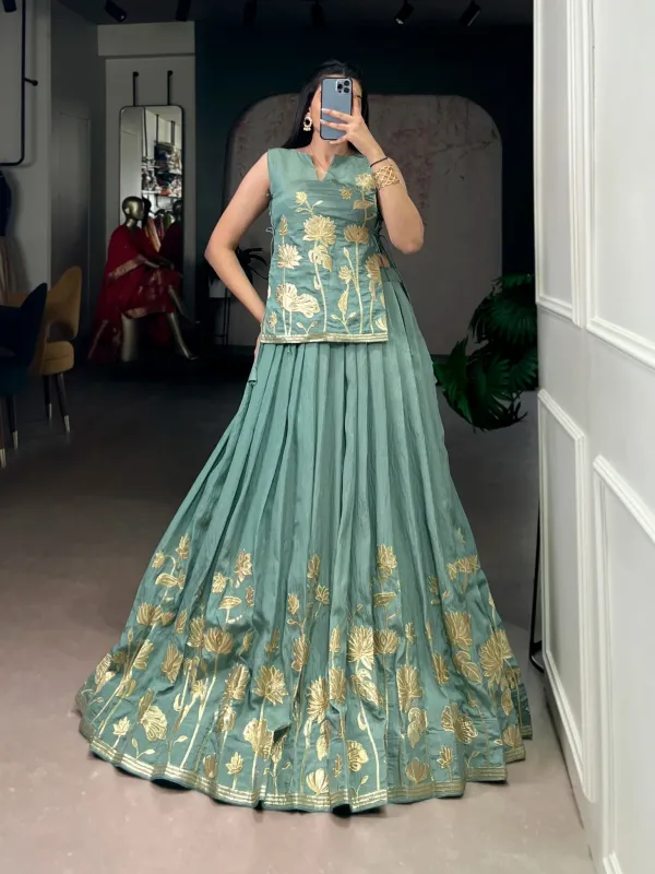 Sage_Green_Silk_Kurti_Skirt_Set_With_Gold_Zari_Floral_Embroidered_Short_Top_Flared_Lehenga_Skirt_Veronica_Fashion_Hub
