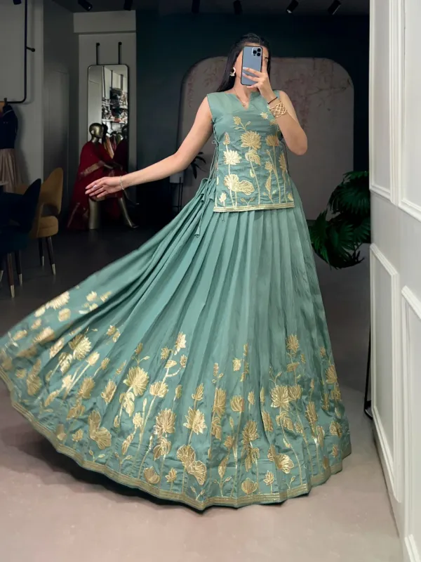 Sage_Green_Silk_Kurti_Skirt_Set_With_Gold_Zari_Floral_Embroidered_Short_Top_Flared_Lehenga_Skirt_Veronica_Fashion_Hub