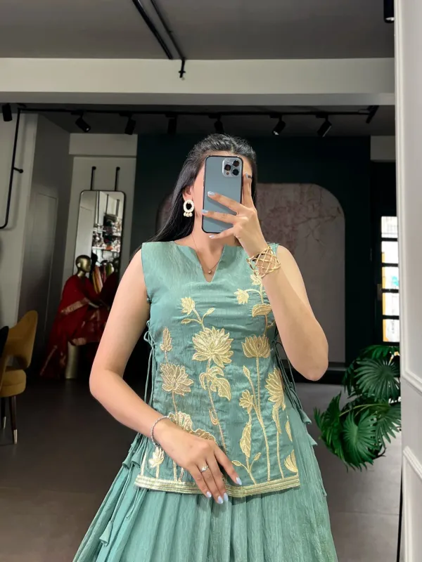Sage_Green_Silk_Kurti_Skirt_Set_With_Gold_Zari_Floral_Embroidered_Short_Top_Flared_Lehenga_Skirt_Veronica_Fashion_Hub