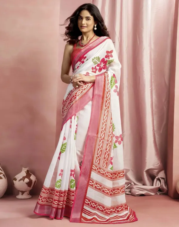 White_Cotton_Linen_Floral_Printed_Saree