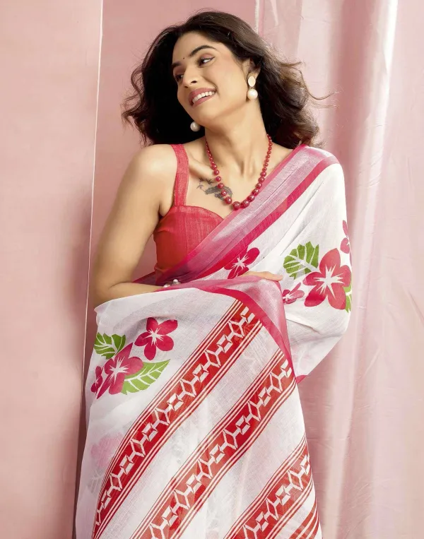 White_Cotton_Linen_Floral_Printed_Saree