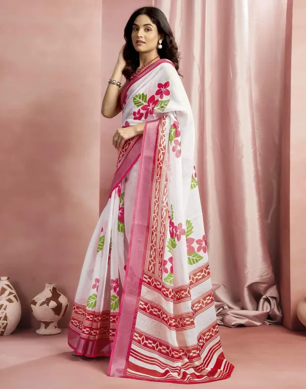 White_Cotton_Linen_Floral_Printed_Saree
