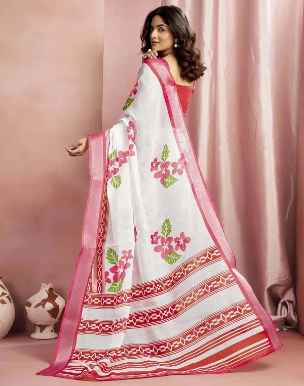 White_Cotton_Linen_Floral_Printed_Saree