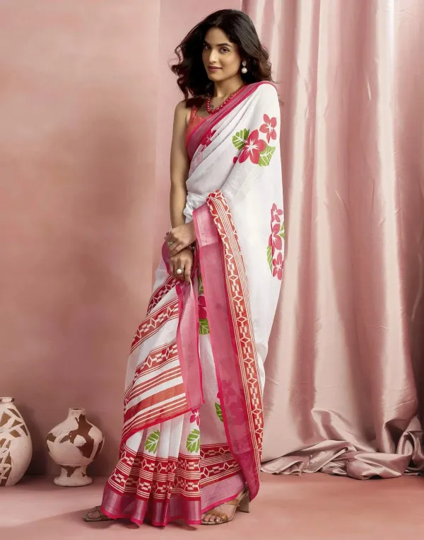 White_Cotton_Linen_Floral_Printed_Saree