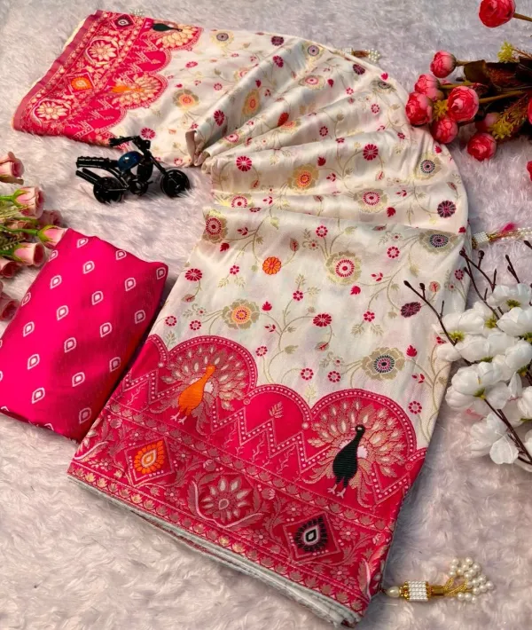 Premium_Luxurious_Pachmina_Saree_With_Full_Worked_Pallu_And_Lagdi_Patta_Heavy_Red_Pallu_Adorned_With_Decorative_Tassels