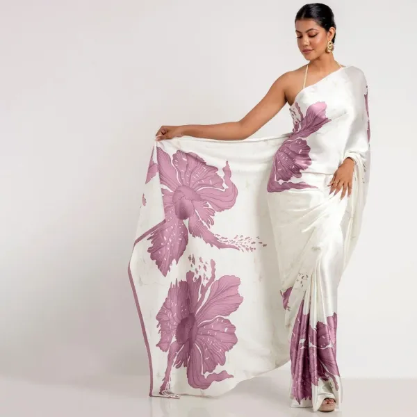 New_Designer_Original_Satin_White_Saree_With_Pastel_Blue_Flower_Digital_Print_For_Women