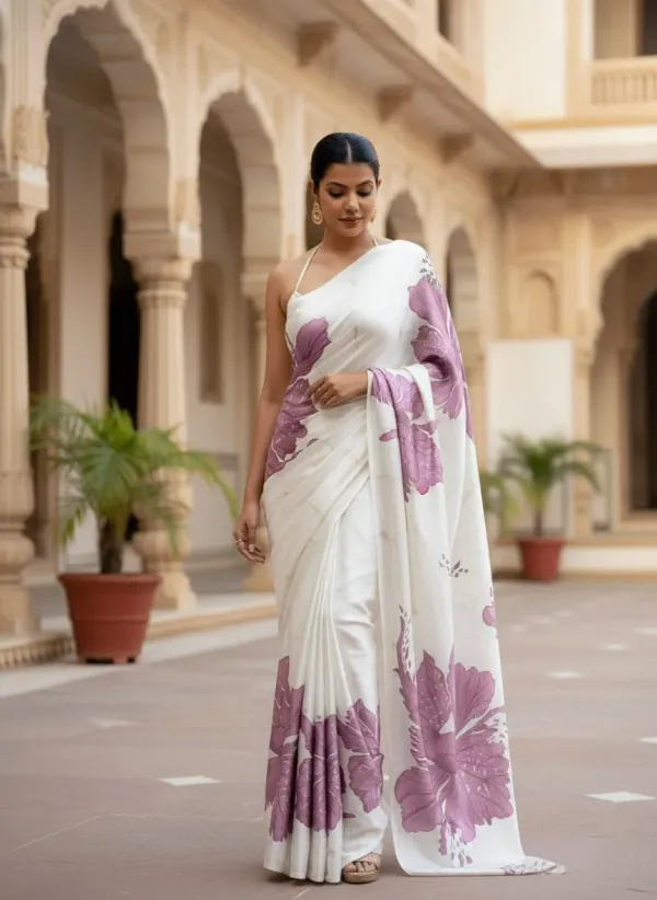 New_Designer_Original_Satin_White_Saree_With_Pastel_Blue_Flower_Digital_Print_For_Women