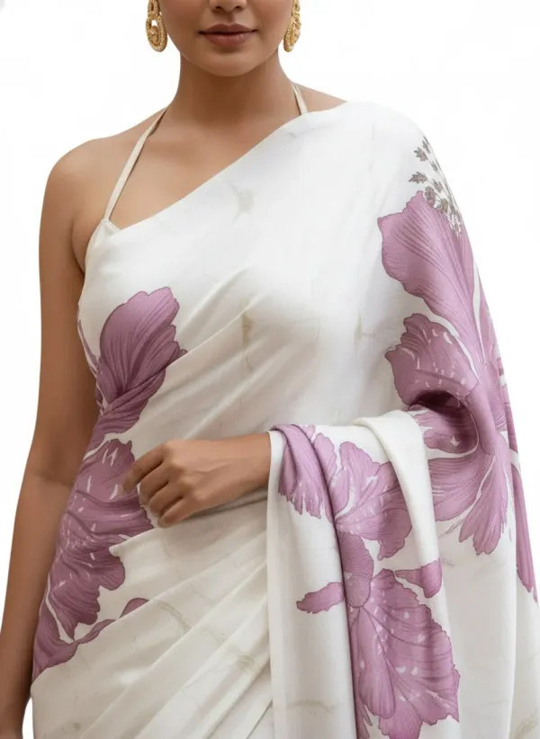 New_Designer_Original_Satin_White_Saree_With_Pastel_Blue_Flower_Digital_Print_For_Women