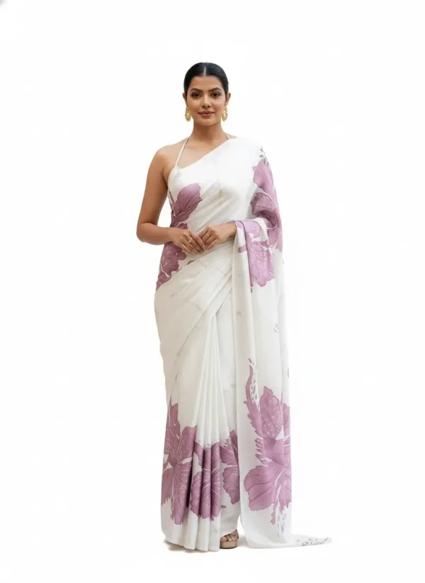 New_Designer_Original_Satin_White_Saree_With_Pastel_Blue_Flower_Digital_Print_For_Women