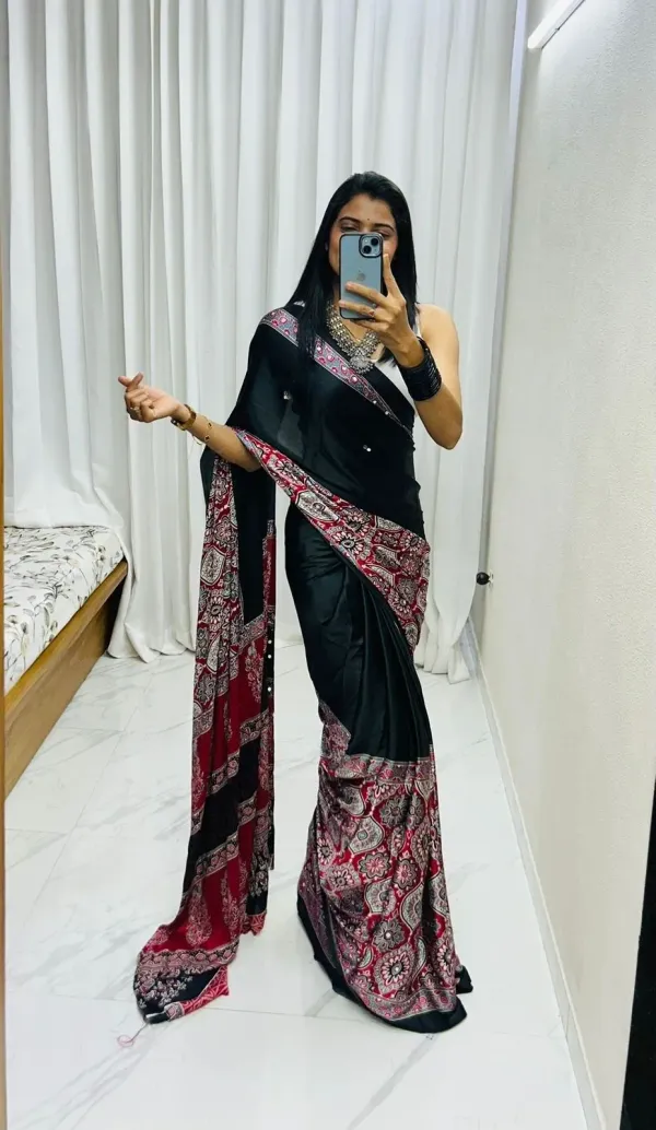 New_Festive_Wear_Red_N_Black_Color_Pure_Satin_Silk_Ajrak_Printed_With_Mirror_Work_Rich_Pallu_Fancy_Designer_Saree