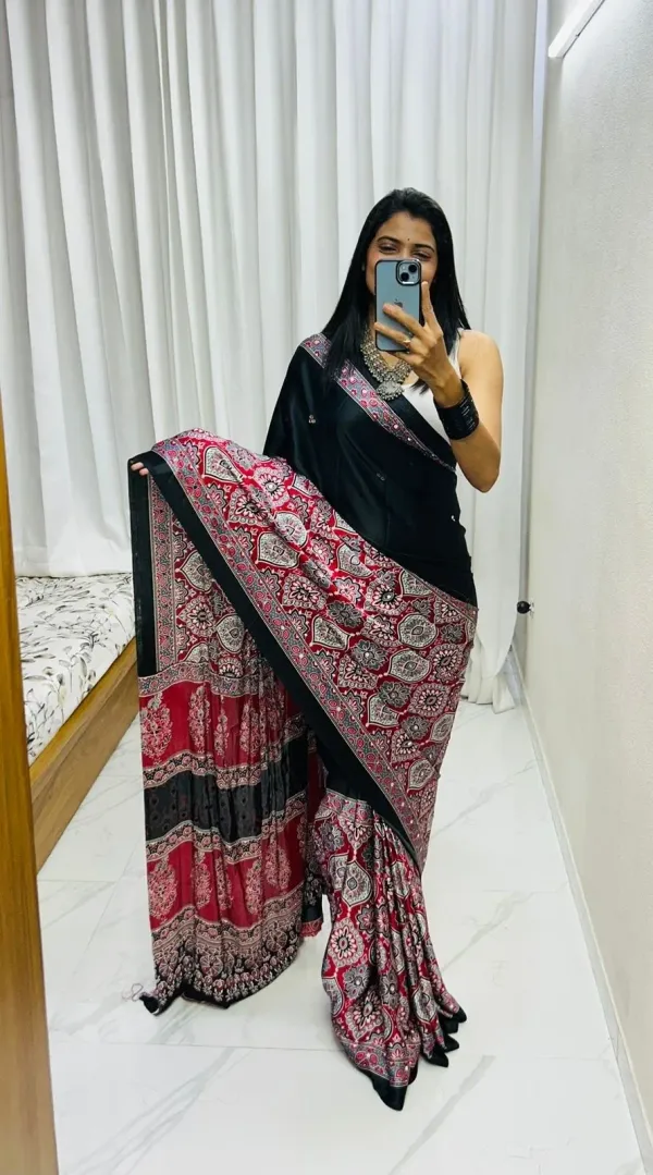 New_Festive_Wear_Red_N_Black_Color_Pure_Satin_Silk_Ajrak_Printed_With_Mirror_Work_Rich_Pallu_Fancy_Designer_Saree