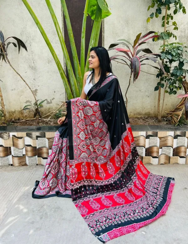 New_Festive_Wear_Red_N_Black_Color_Pure_Satin_Silk_Ajrak_Printed_With_Mirror_Work_Rich_Pallu_Fancy_Designer_Saree