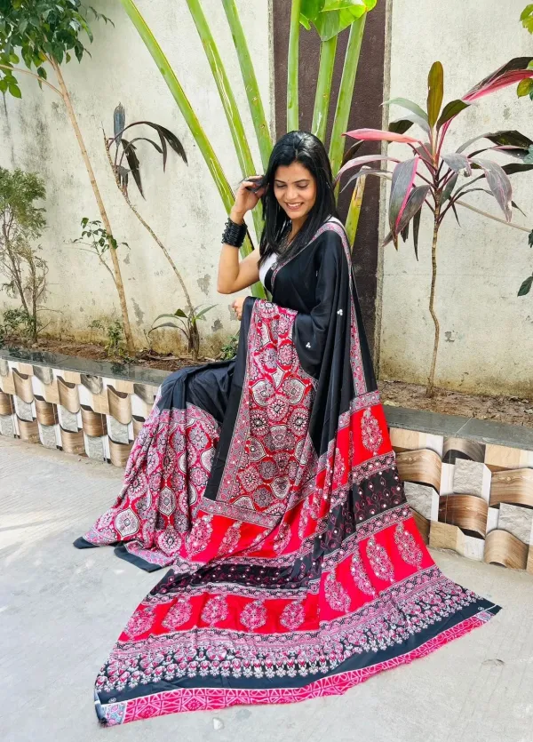 New_Festive_Wear_Red_N_Black_Color_Pure_Satin_Silk_Ajrak_Printed_With_Mirror_Work_Rich_Pallu_Fancy_Designer_Saree