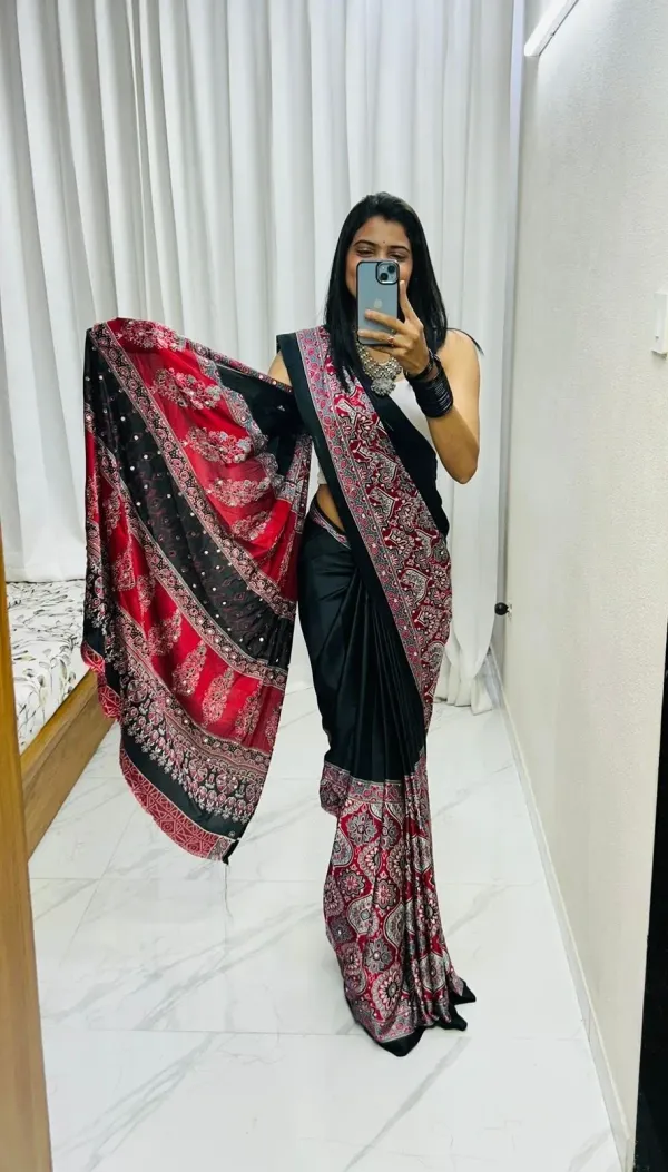 New_Festive_Wear_Red_N_Black_Color_Pure_Satin_Silk_Ajrak_Printed_With_Mirror_Work_Rich_Pallu_Fancy_Designer_Saree