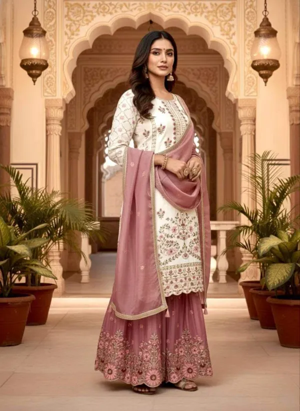 New_Designer_Party_Wear_Look_Pur_Gmy_Silk_Top_Plazzo_Dupatta_Set