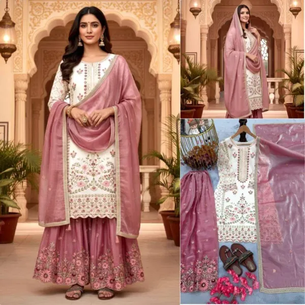 New_Designer_Party_Wear_Look_Pur_Gmy_Silk_Top_Plazzo_Dupatta_Set