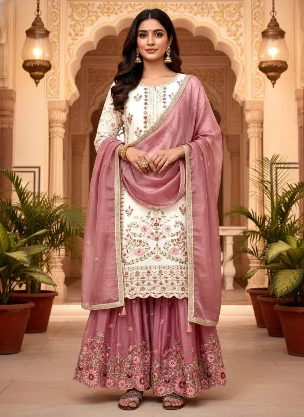 New_Designer_Party_Wear_Look_Pur_Gmy_Silk_Top_Plazzo_Dupatta_Set