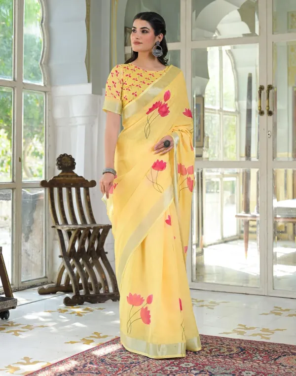 Light_Yellow_Linen_Floral_Printed_Saree
