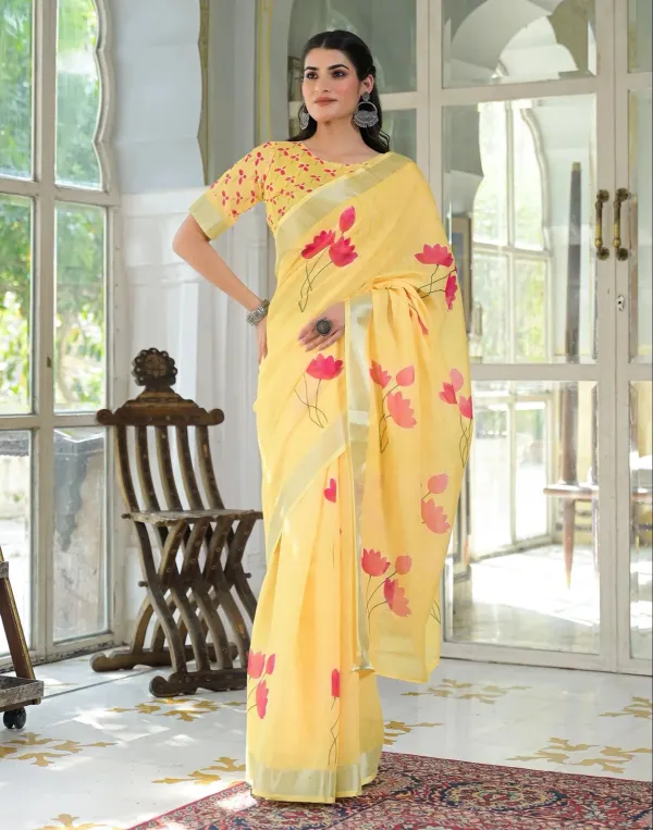 Light_Yellow_Linen_Floral_Printed_Saree