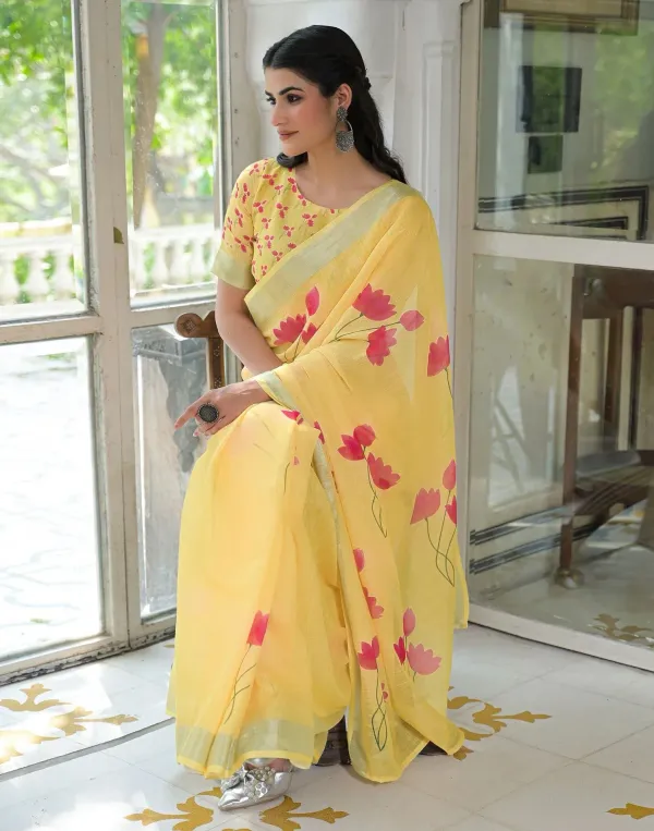 Light_Yellow_Linen_Floral_Printed_Saree