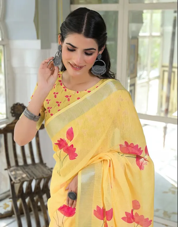 Light_Yellow_Linen_Floral_Printed_Saree