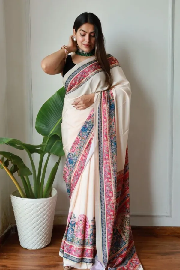 Cream_New_Madhubani_Satin_New_Collection_With_Blouses_Piece_For_Women