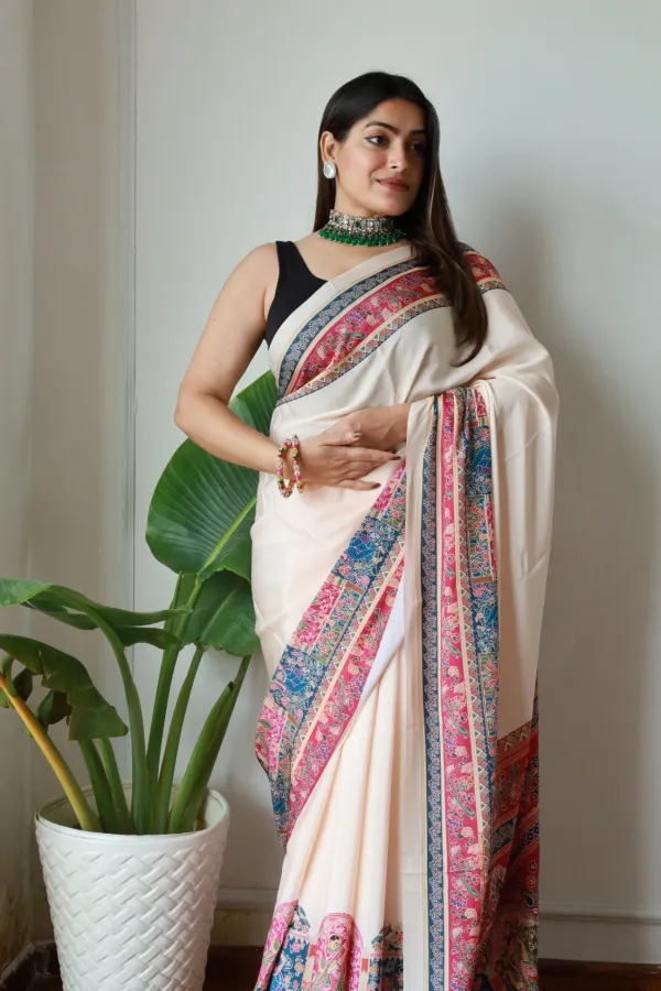 Cream_New_Madhubani_Satin_New_Collection_With_Blouses_Piece_For_Women