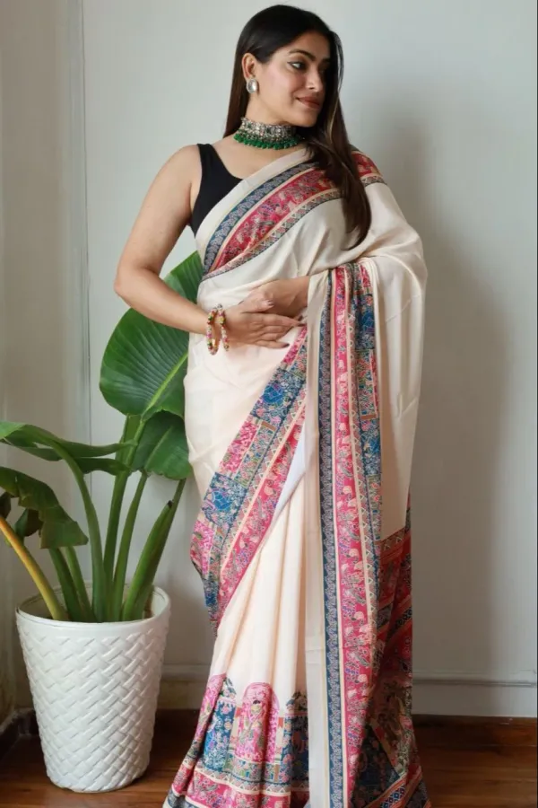 Cream_New_Madhubani_Satin_New_Collection_With_Blouses_Piece_For_Women