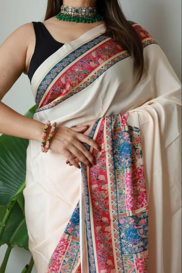 Cream_New_Madhubani_Satin_New_Collection_With_Blouses_Piece_For_Women