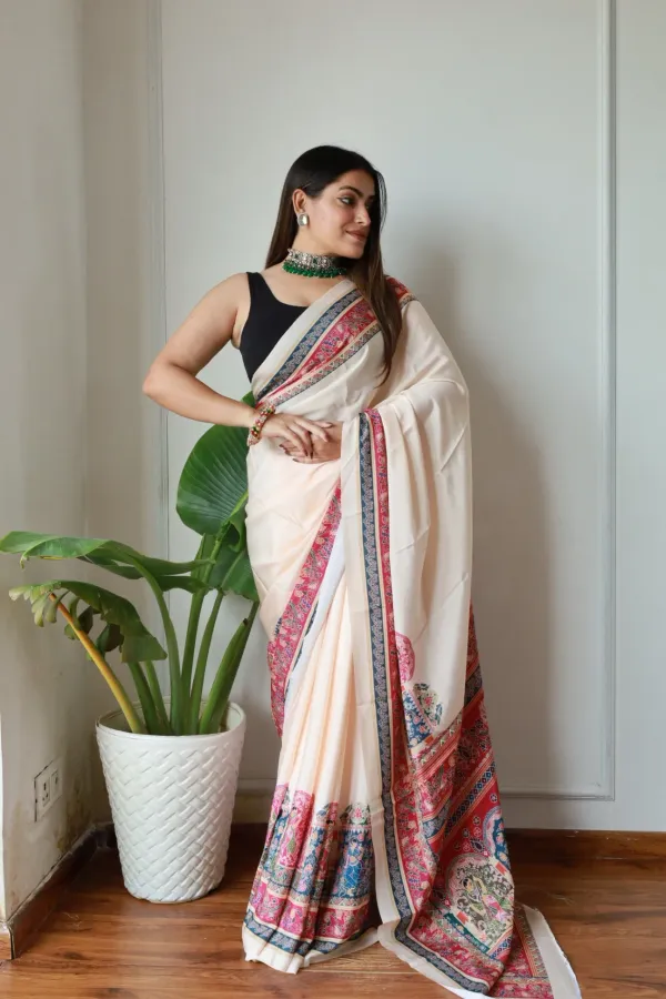 Cream_New_Madhubani_Satin_New_Collection_With_Blouses_Piece_For_Women