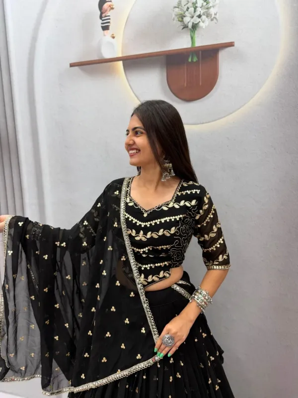 Navratri_Special_Black_Georgette_Sequence_Foil_Print_Flared_Lehenga_Choli_Set_With_Lotus_Motif_Border_Veronica_Fashion_Hub