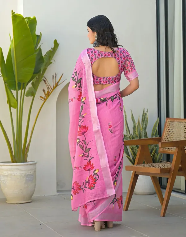 Pink_Linen_Floral_Printed_Saree