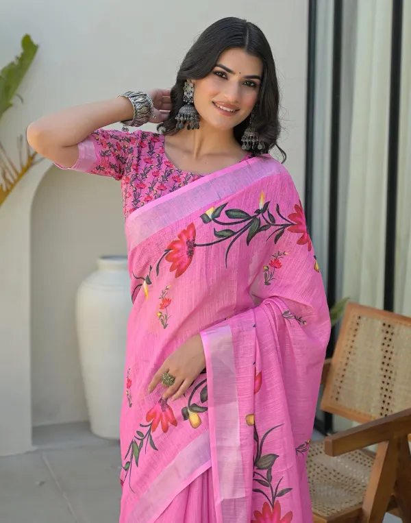 Pink_Linen_Floral_Printed_Saree