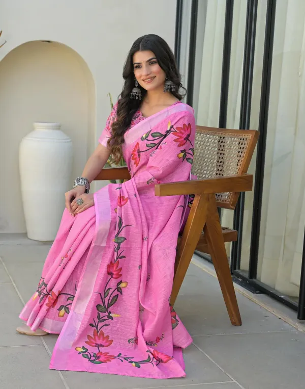 Pink_Linen_Floral_Printed_Saree