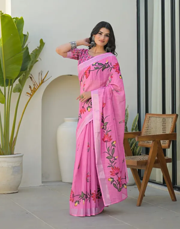 Pink_Linen_Floral_Printed_Saree