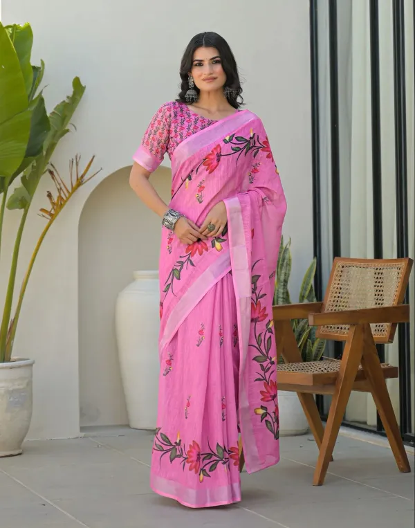 Pink_Linen_Floral_Printed_Saree
