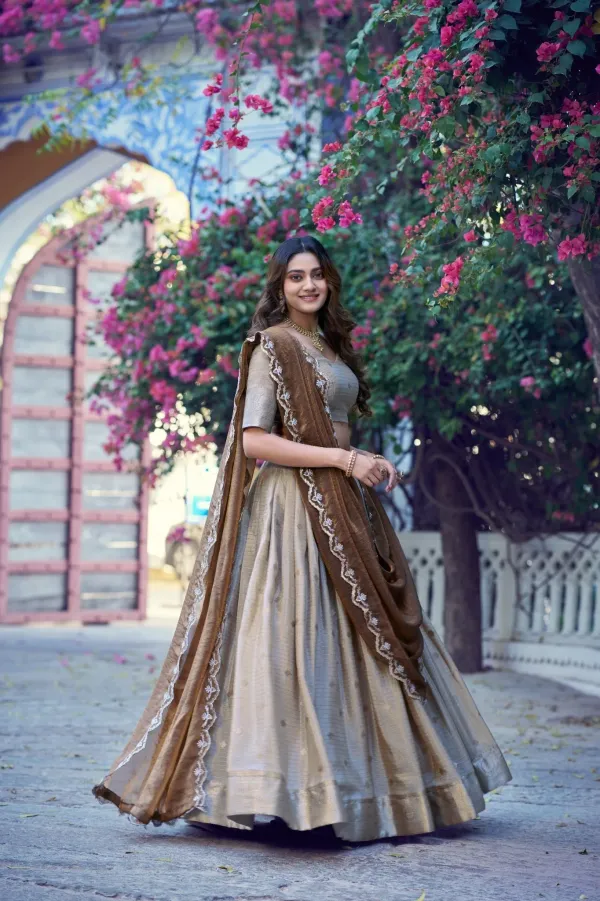 Rust_Pure_Poly_Cotton_With_Zari_Woven_Half_Saree_Lehenga