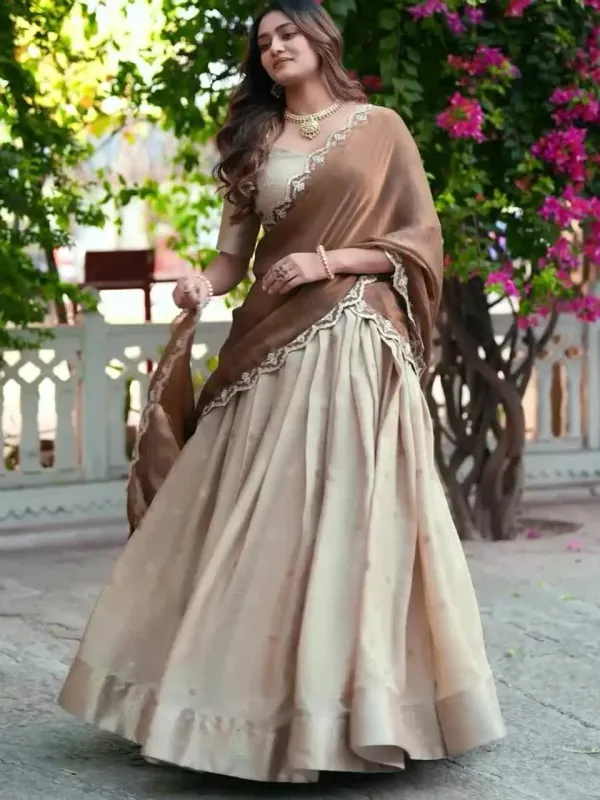 Rust_Pure_Poly_Cotton_With_Zari_Woven_Half_Saree_Lehenga