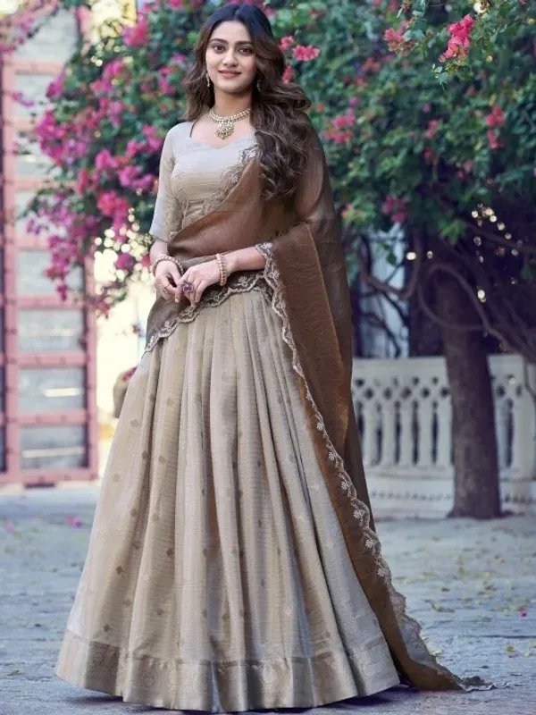 Rust_Pure_Poly_Cotton_With_Zari_Woven_Half_Saree_Lehenga