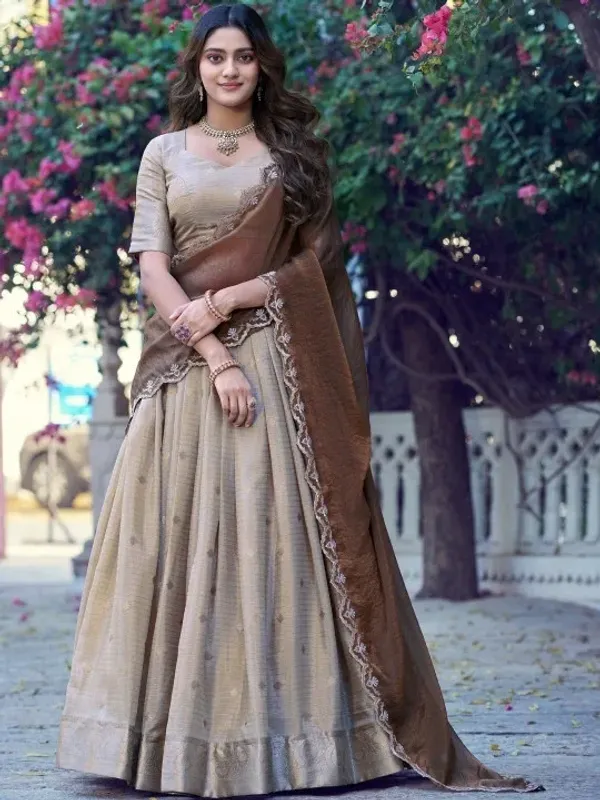 Rust_Pure_Poly_Cotton_With_Zari_Woven_Half_Saree_Lehenga
