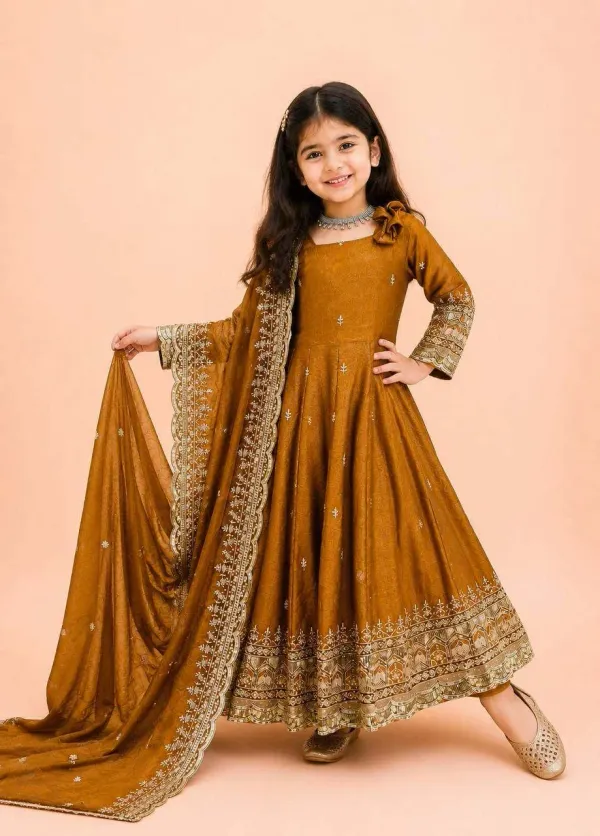 Copper_Brown_Fandy_Silk_Anarkali_Gown_Features_Elegant_Square_Neck_Detailing_And_Intricate_Thread_And_Sequin_Embroidery