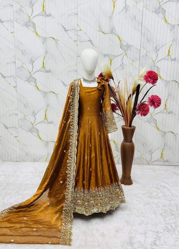 Copper_Brown_Fandy_Silk_Anarkali_Gown_Features_Elegant_Square_Neck_Detailing_And_Intricate_Thread_And_Sequin_Embroidery