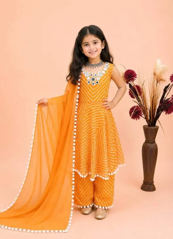 Girls_Mustard_Yellow_Leheriya_Print_Cotton_Anarkali_Kurta_Palazzo_Dupatta_Set_With_Mirror_Work_Neckline_Veronica_Fashion_Hub