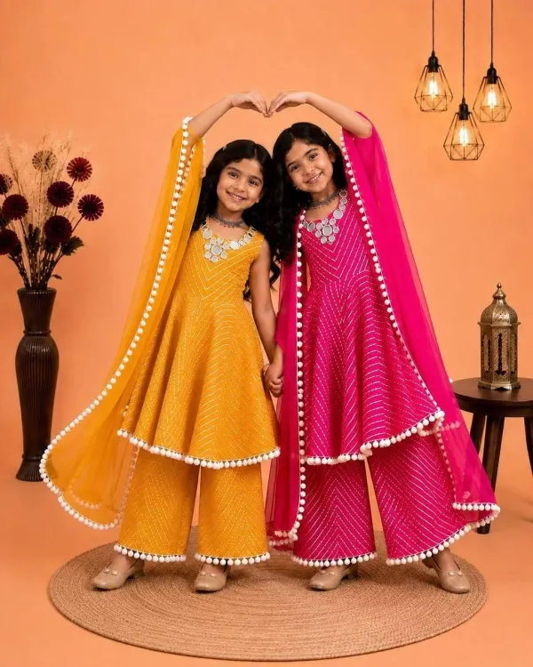 Girls_Mustard_Yellow_Leheriya_Print_Cotton_Anarkali_Kurta_Palazzo_Dupatta_Set_With_Mirror_Work_Neckline_Veronica_Fashion_Hub