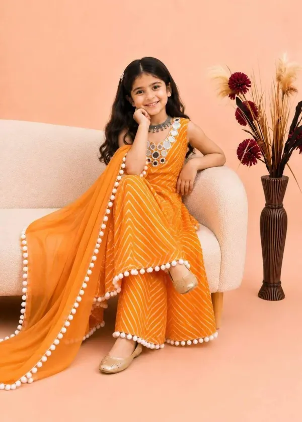 Girls_Mustard_Yellow_Leheriya_Print_Cotton_Anarkali_Kurta_Palazzo_Dupatta_Set_With_Mirror_Work_Neckline_Veronica_Fashion_Hub