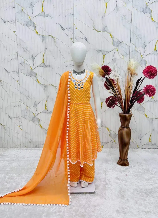 Girls_Mustard_Yellow_Leheriya_Print_Cotton_Anarkali_Kurta_Palazzo_Dupatta_Set_With_Mirror_Work_Neckline_Veronica_Fashion_Hub