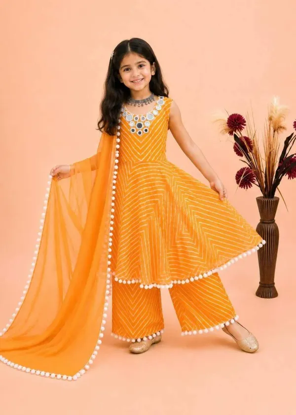 Girls_Mustard_Yellow_Leheriya_Print_Cotton_Anarkali_Kurta_Palazzo_Dupatta_Set_With_Mirror_Work_Neckline_Veronica_Fashion_Hub