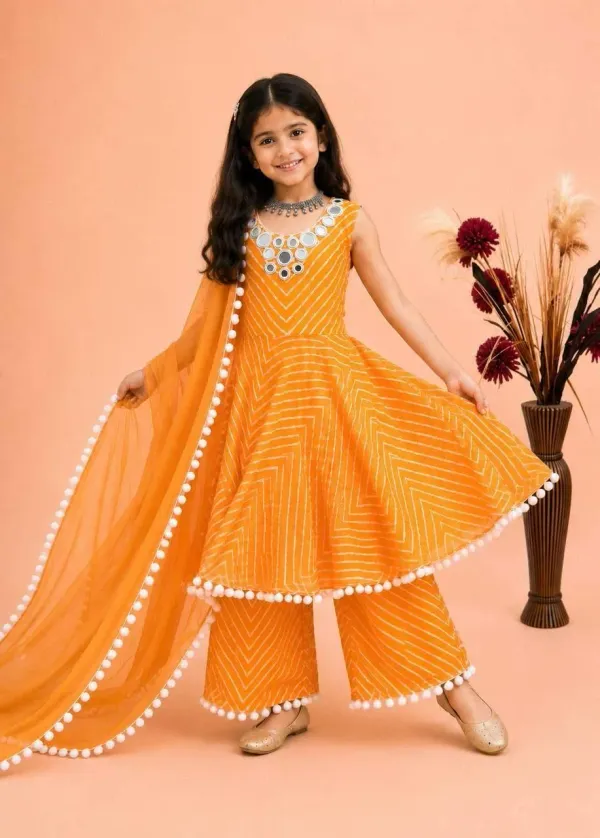 Girls_Mustard_Yellow_Leheriya_Print_Cotton_Anarkali_Kurta_Palazzo_Dupatta_Set_With_Mirror_Work_Neckline_Veronica_Fashion_Hub